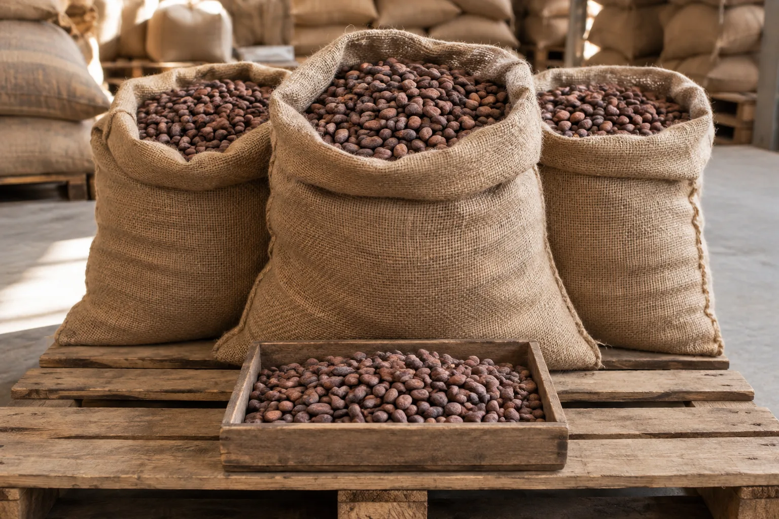 Illustration of raw cocoa beans in open jute sacks beside a sample tray