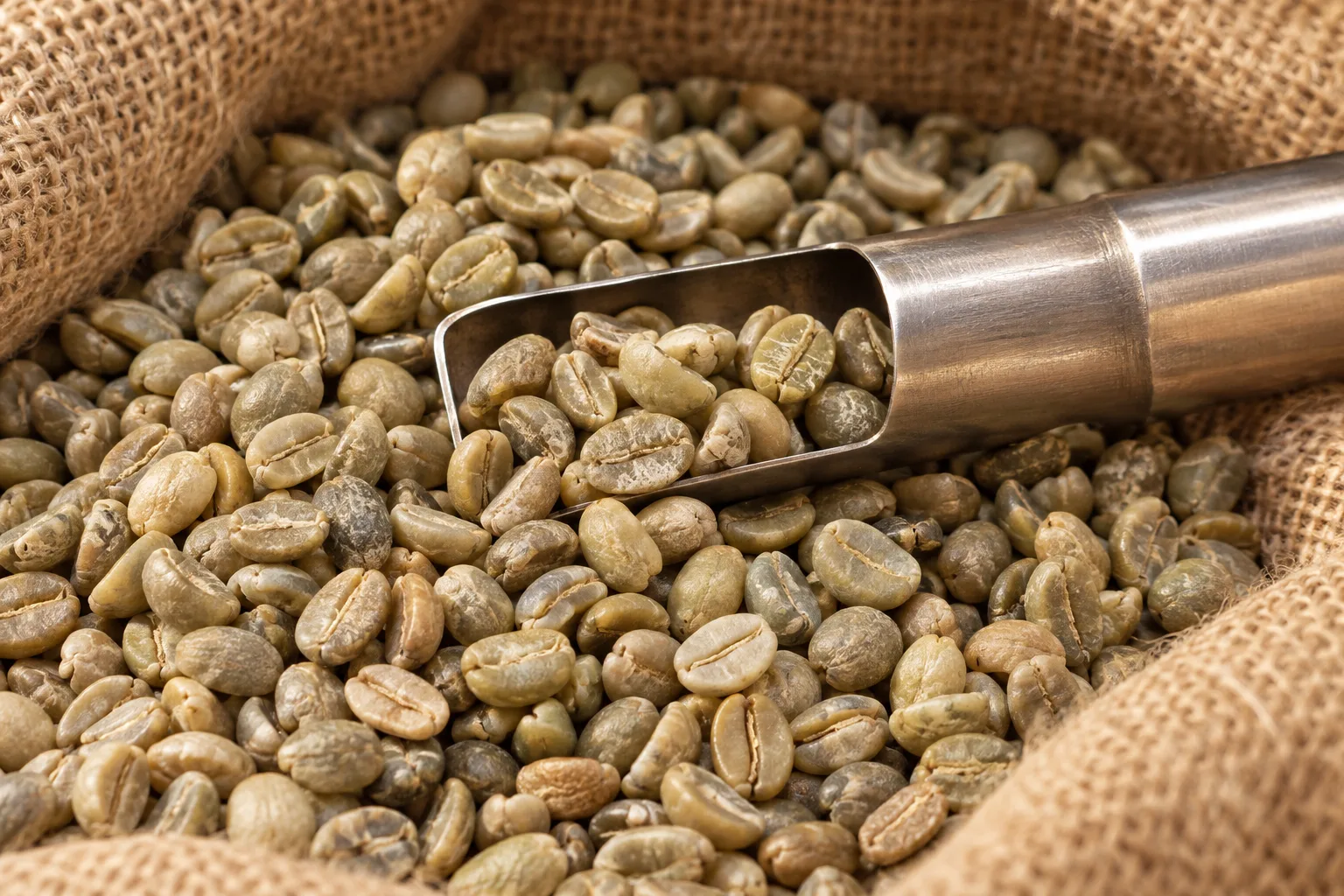 Illustration of a metal sample scoop resting in unroasted green coffee beans